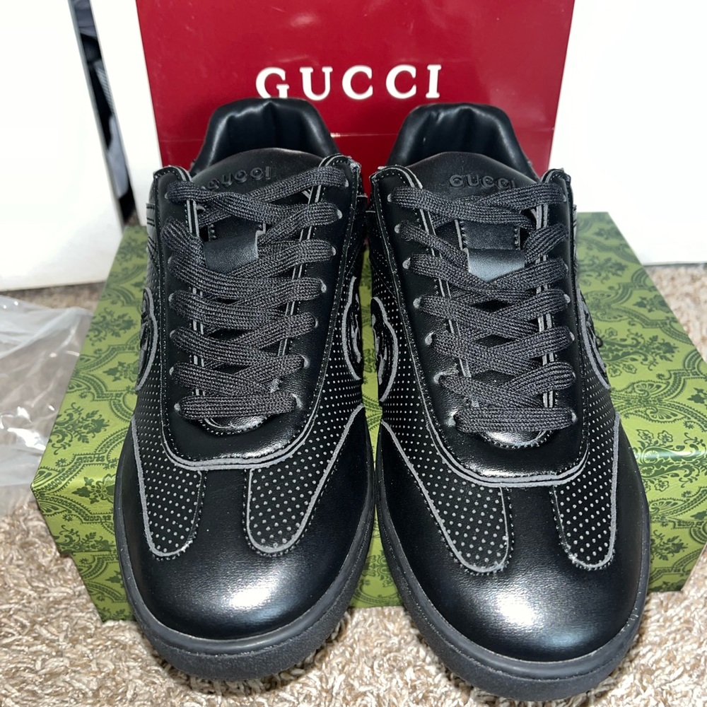 Gucci Men's Black Leather Perforated Lace-Up Sneakers